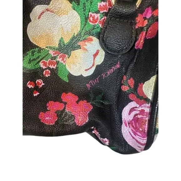 Betsey Johnson Black Multi Color Floral Dome Top Handle Zipper Bag Women - Picture 7 of 10